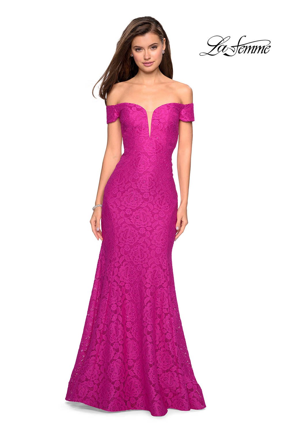 La Femme 27613 prom dress images. La Femme 27613 is available in these colors: Electric Blue, Hot Pink, Pale Yellow.