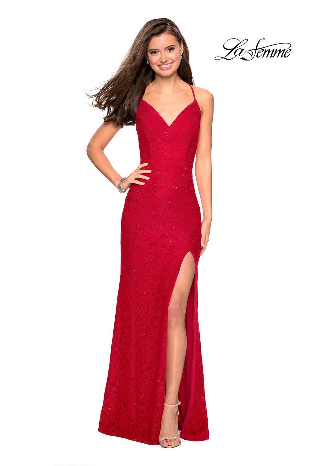 La Femme 27614 prom dress images. La Femme 27614 is available in these colors: Dark Turquoise, Periwinkle, Red.