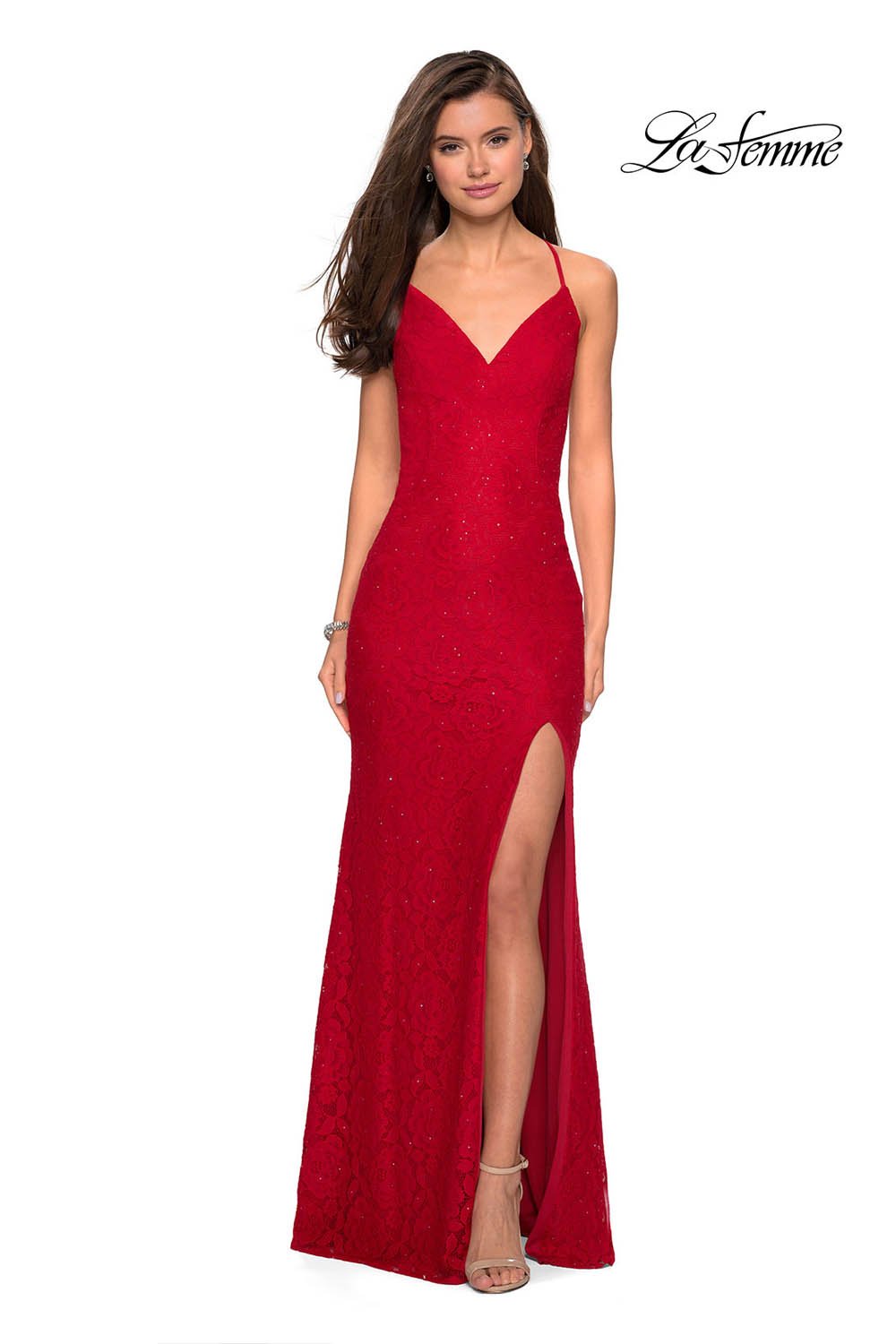 La Femme 27614 prom dress images. La Femme 27614 is available in these colors: Dark Turquoise, Periwinkle, Red.