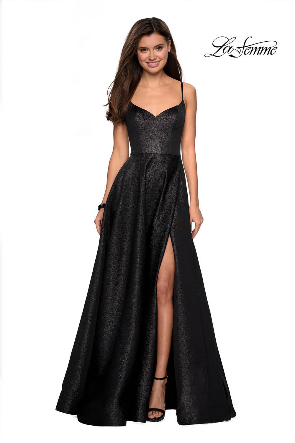 La Femme 27619 prom dress images. La Femme 27619 is available in these colors: Black, Champagne, Gold Black.