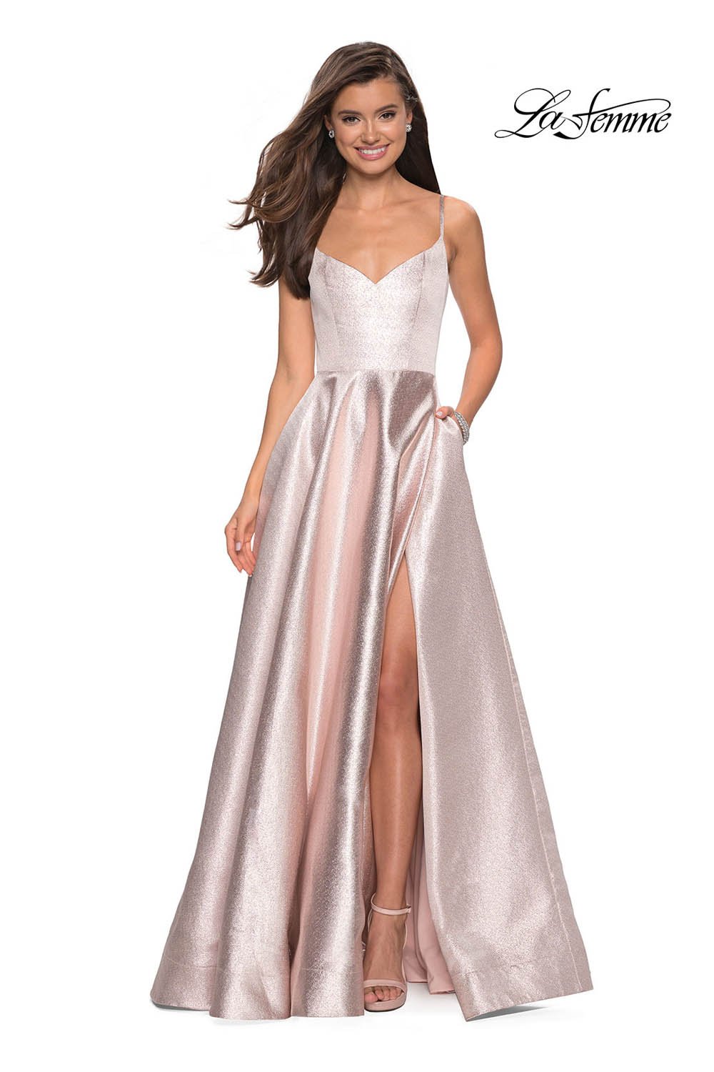 La Femme 27619 prom dress images. La Femme 27619 is available in these colors: Black, Champagne, Gold Black.
