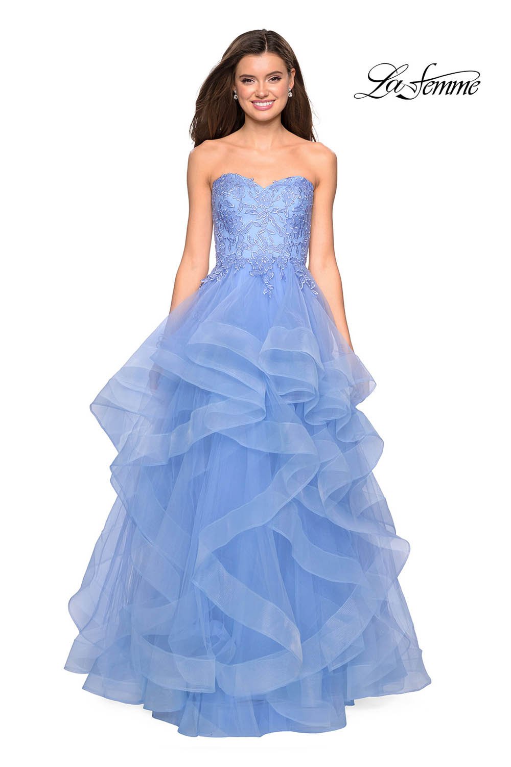 La Femme 27620 prom dress images. La Femme 27620 is available in these colors: Cloud Blue, Mauve, Silver.