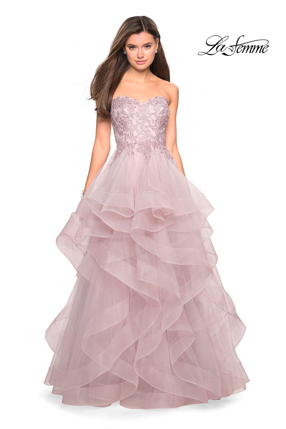 La Femme 27620 prom dress images. La Femme 27620 is available in these colors: Cloud Blue, Mauve, Silver.