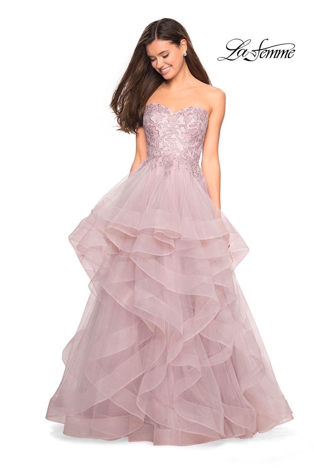 La Femme 27620 prom dress images. La Femme 27620 is available in these colors: Cloud Blue, Mauve, Silver.