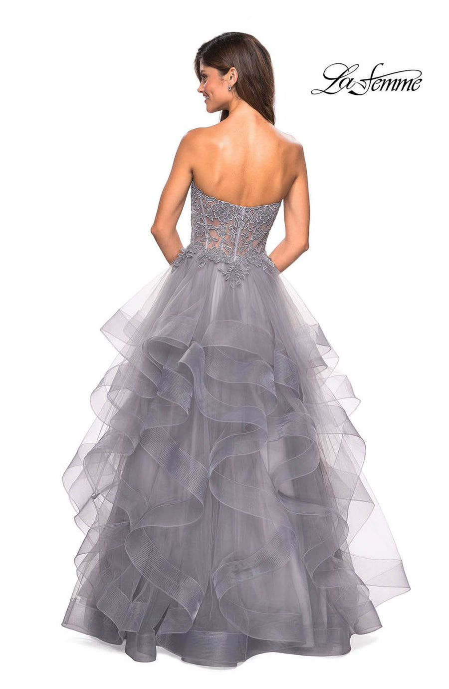 La Femme 27620 prom dress images.  La Femme 27620 is available in these colors: Cloud Blue, Mauve, Silver.