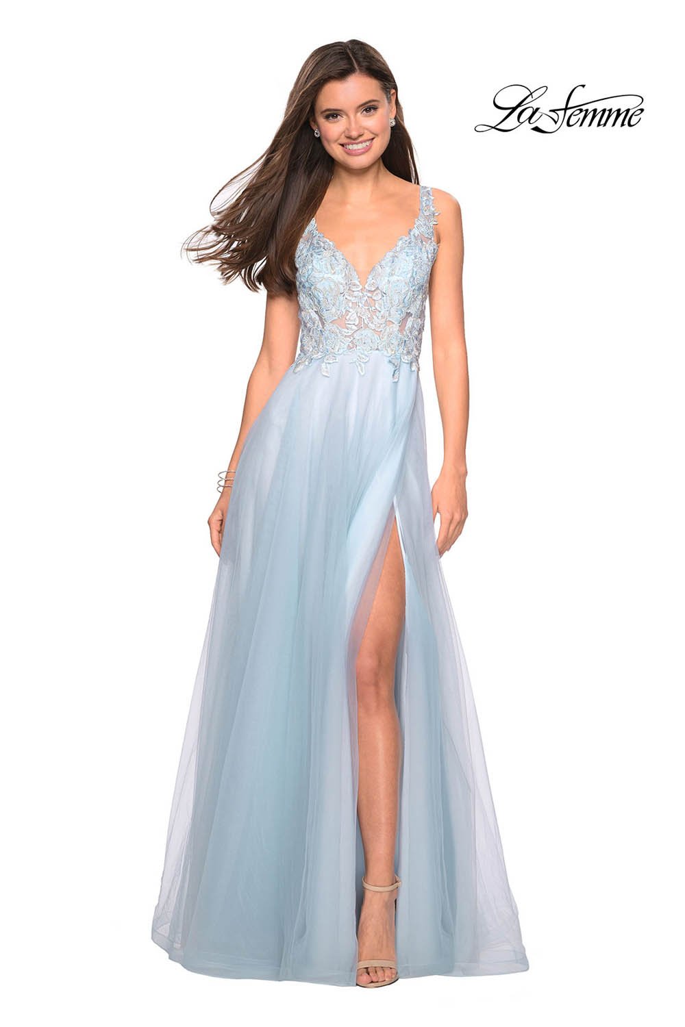 La Femme 27621 prom dress images. La Femme 27621 is available in these colors: Cloud Blue, Light Pink.
