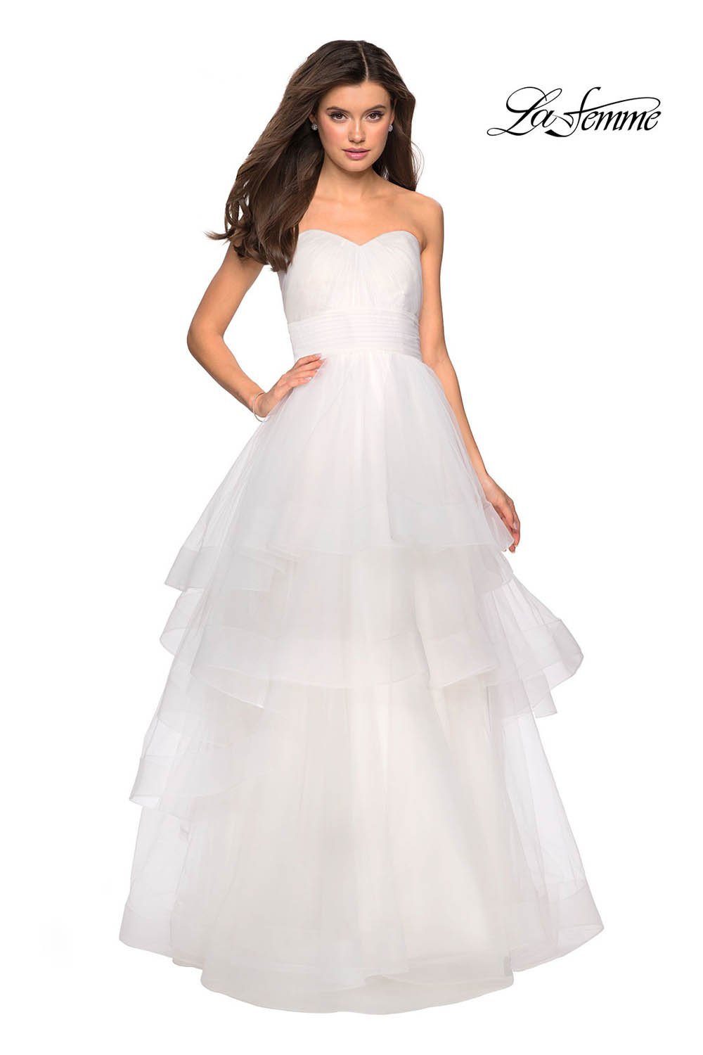 La Femme 27624 prom dress images. La Femme 27624 is available in these colors: Mauve, Red, Royal Blue, White.