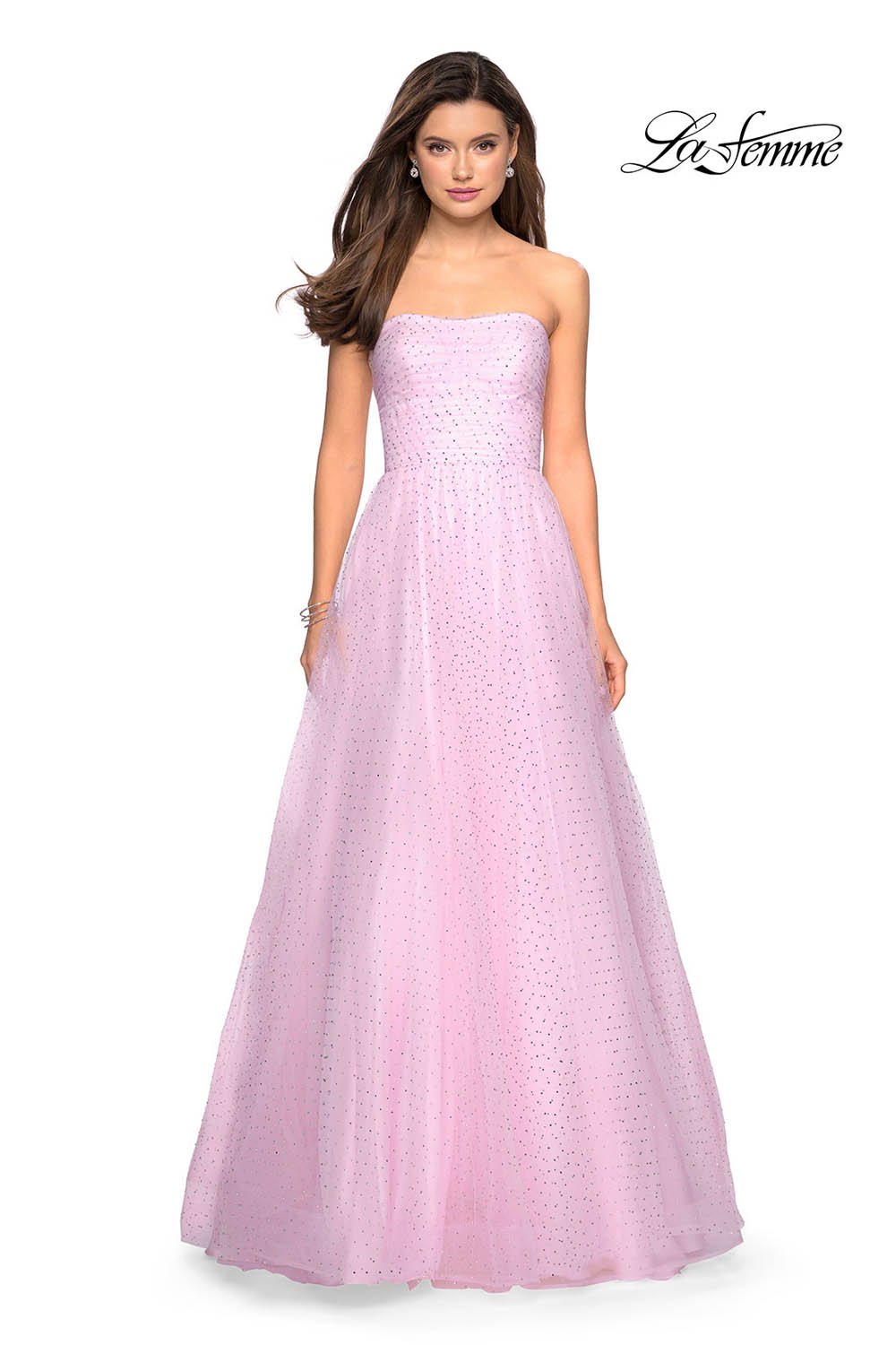 La Femme 27630 prom dress images. La Femme 27630 is available in these colors: Aquamarine, Gunmetal, Light Pink, Lilac Mist, Navy.