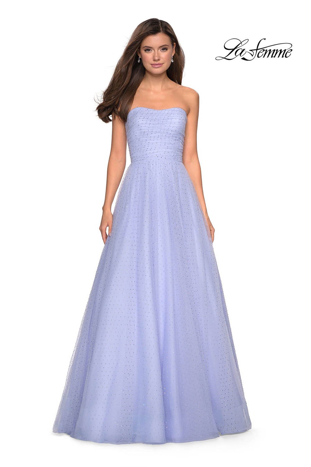 La Femme 27630 prom dress images. La Femme 27630 is available in these colors: Aquamarine, Gunmetal, Light Pink, Lilac Mist, Navy.