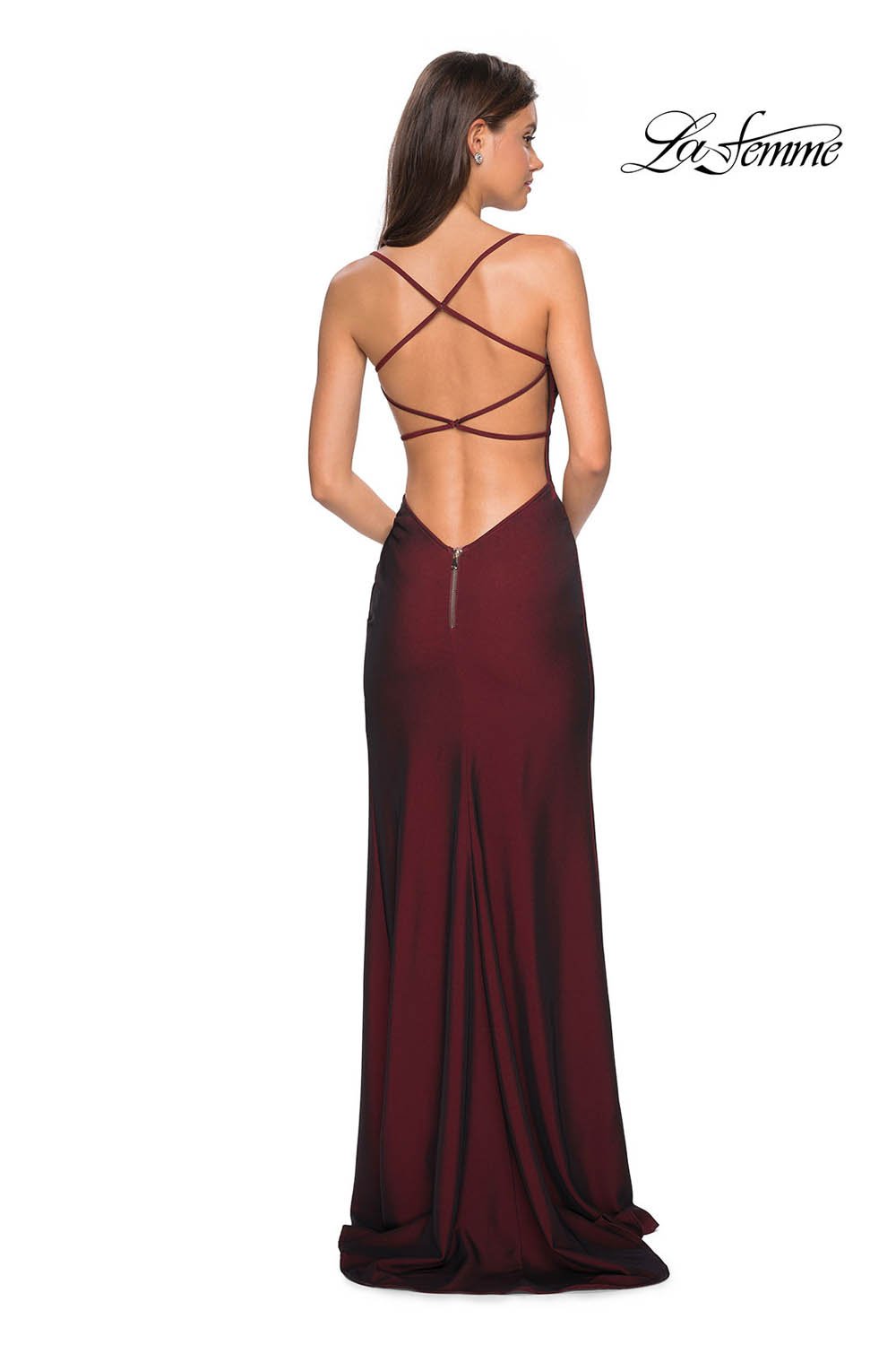 La Femme 27660 prom dress images. La Femme 27660 is available in these colors: Black, Burgundy, Navy, Violet.