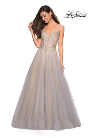 La Femme 27674 prom dress images.  La Femme 27674 is available in these colors: Gray Nude.