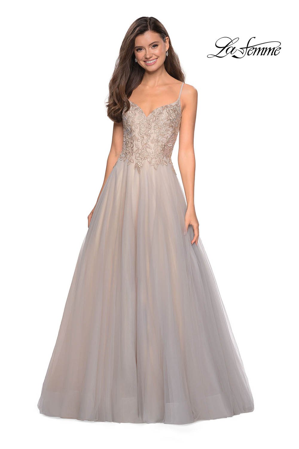 La Femme 27674 prom dress images. La Femme 27674 is available in these colors: Gray Nude.