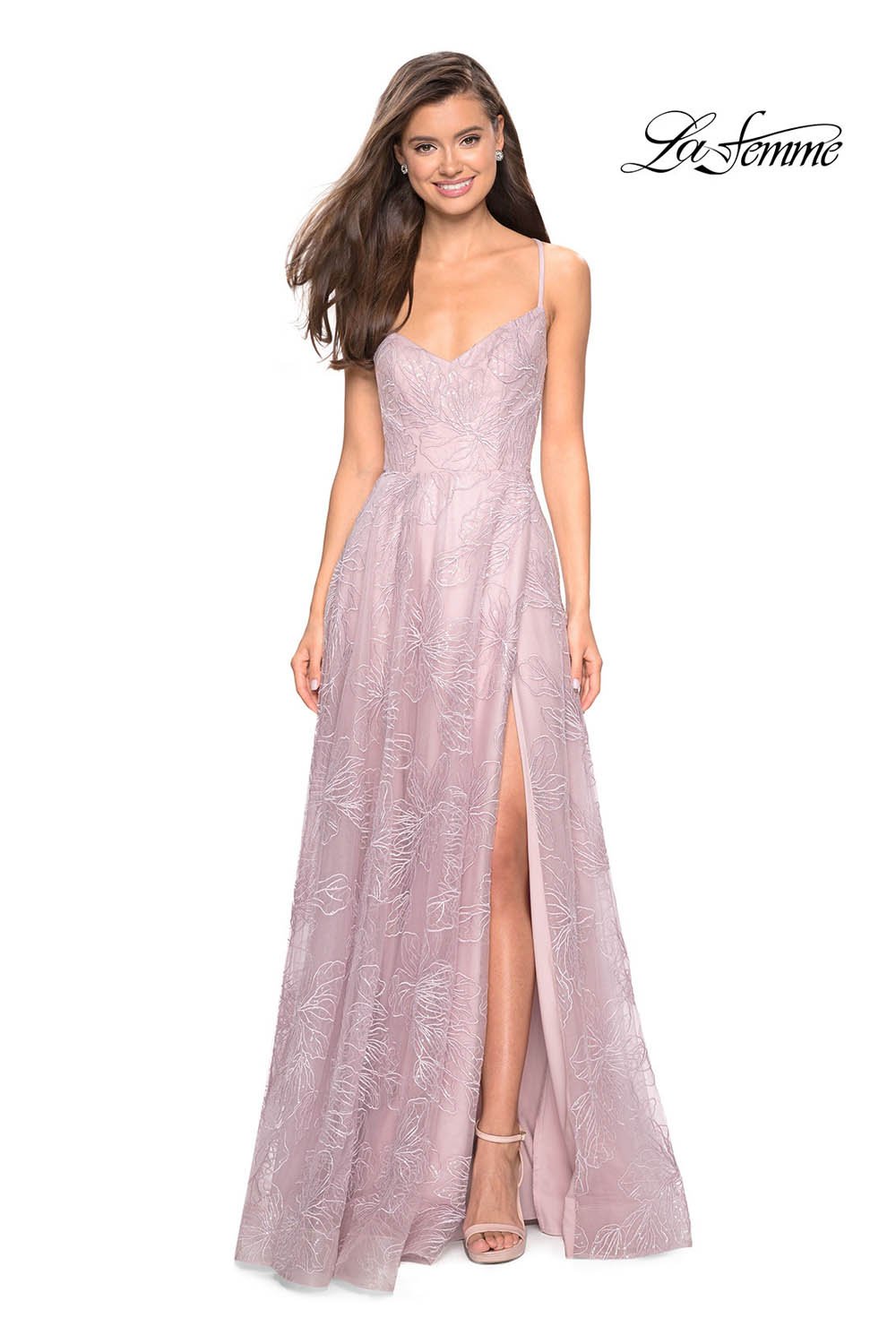 La Femme 27704 prom dress images. La Femme 27704 is available in these colors: Cloud Blue, Mauve, Pale Yellow.