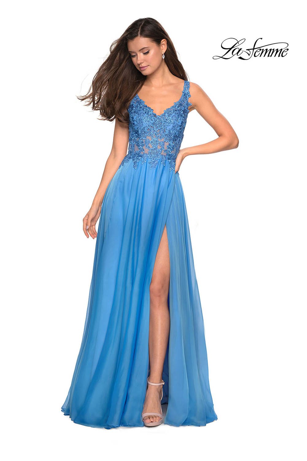 La Femme 27751 prom dress images. La Femme 27751 is available in these colors: Cloud Blue, Mauve, Yellow.