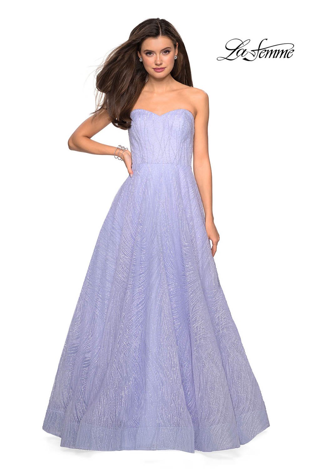 La Femme 27776 prom dress images. La Femme 27776 is available in these colors: Gold, Lilac Mist, Navy.