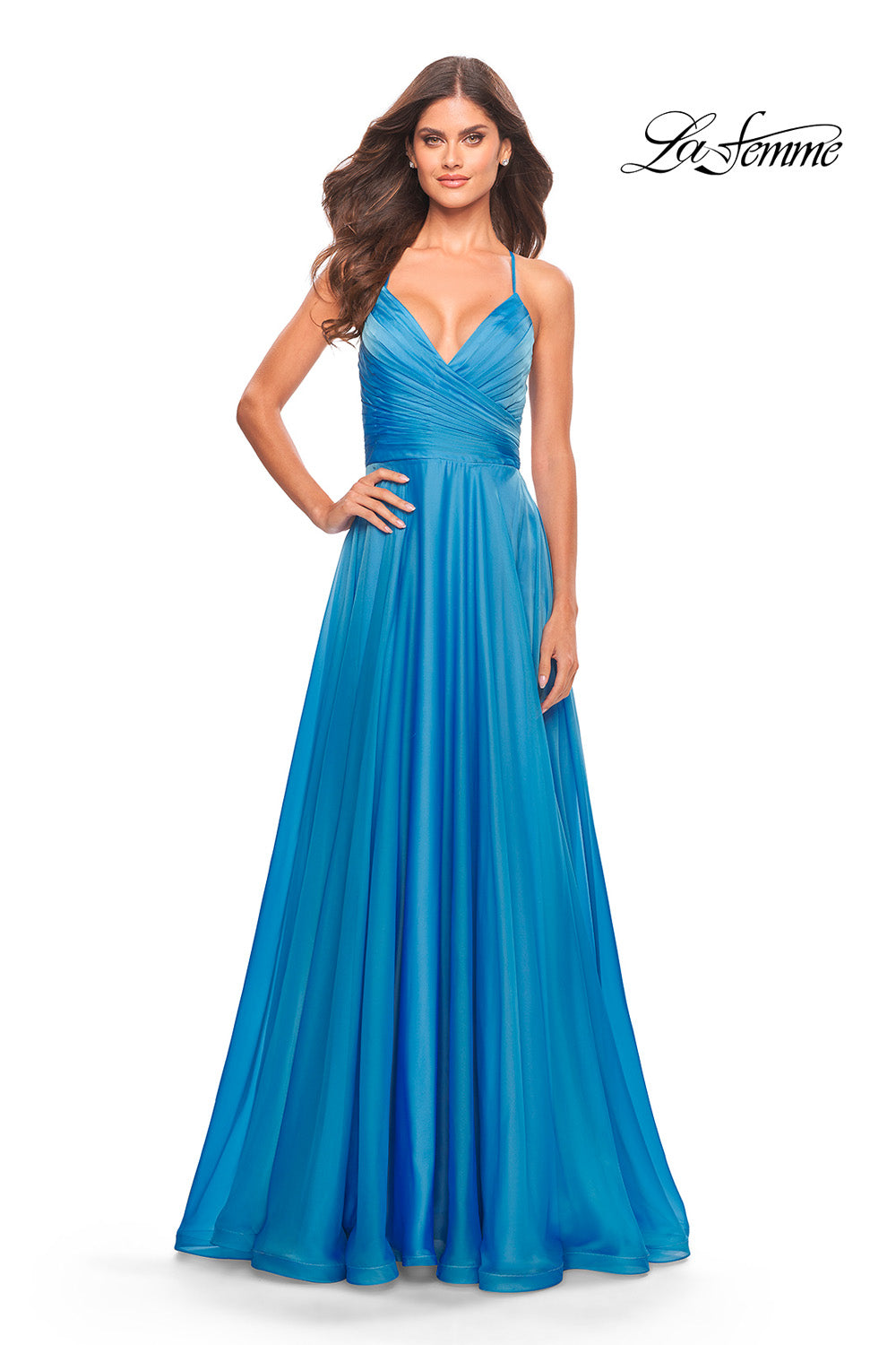 La Femme 30840 prom dress images. La Femme 30840 is available in these colors: Cloud Blue, Lavender, Neon Pink.