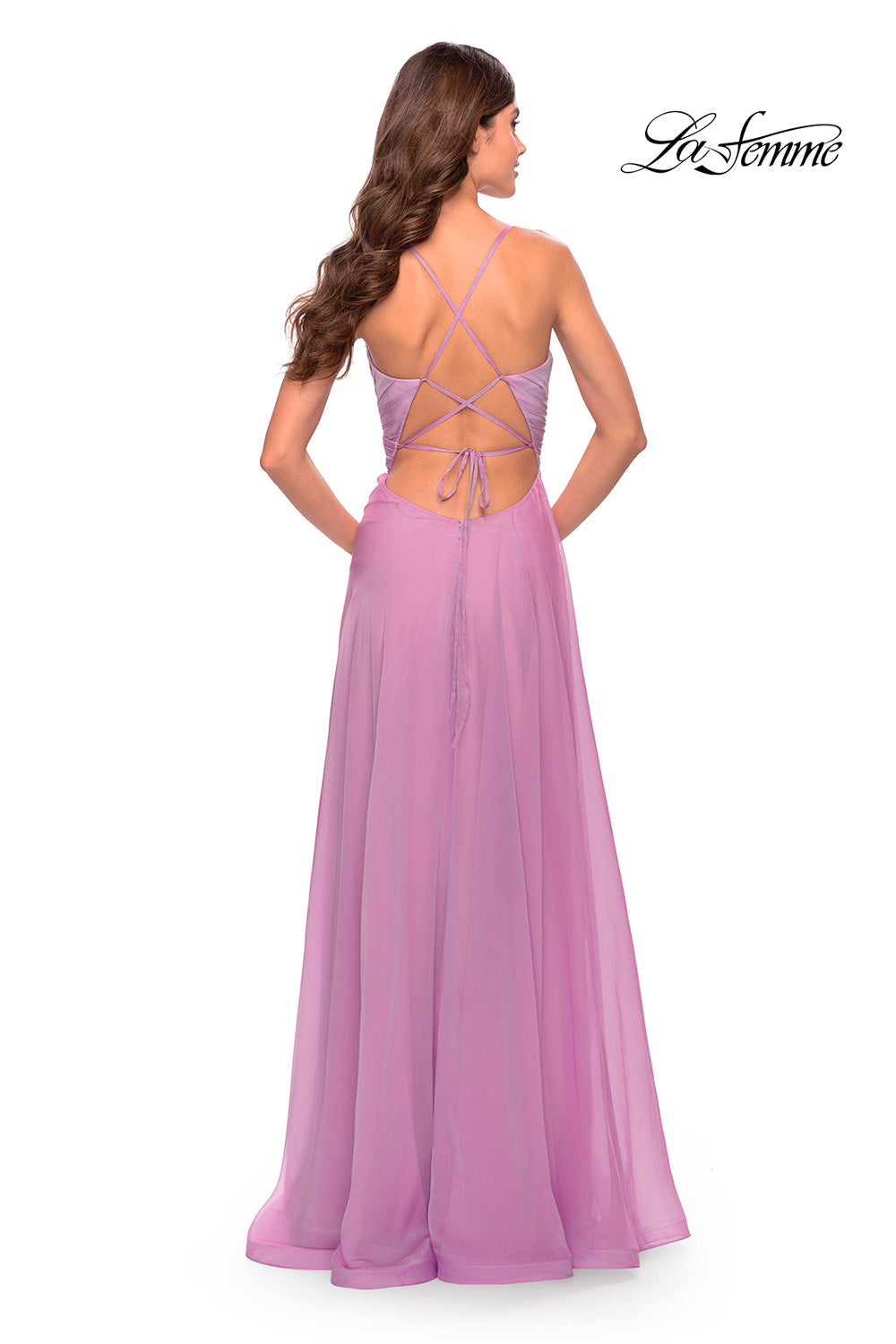 La Femme 30840 prom dress images. La Femme 30840 is available in these colors: Cloud Blue, Lavender, Neon Pink.