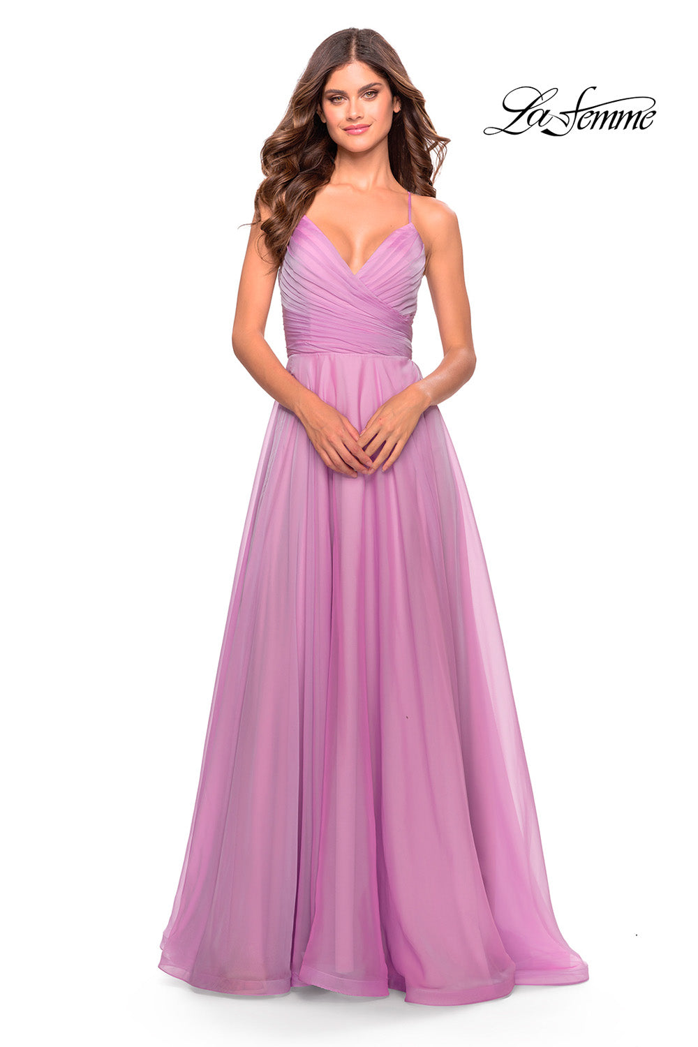 La Femme 30840 prom dress images. La Femme 30840 is available in these colors: Cloud Blue, Lavender, Neon Pink.