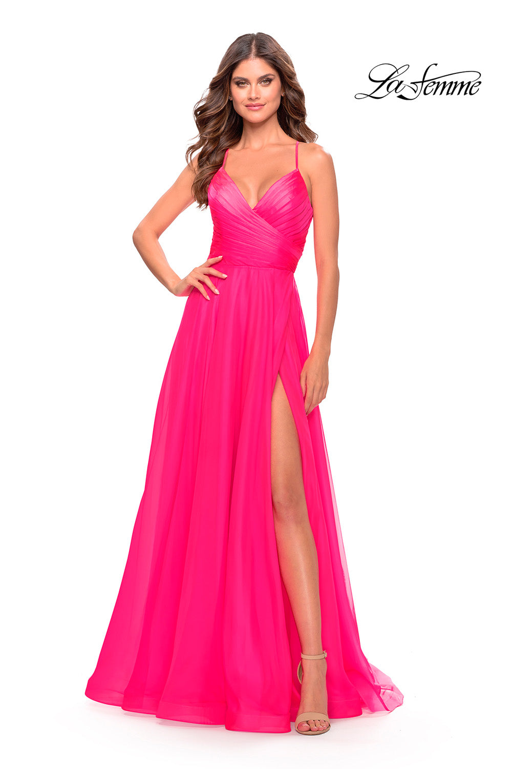 La Femme 30840 prom dress images. La Femme 30840 is available in these colors: Cloud Blue, Lavender, Neon Pink.