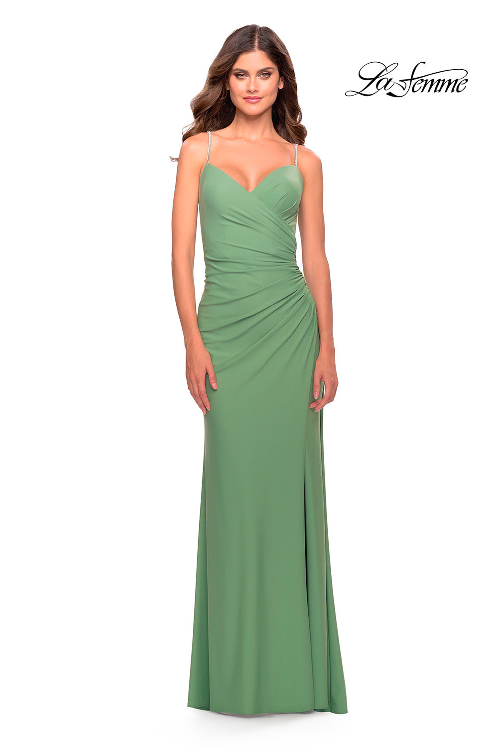 La Femme 31107 prom dress images. La Femme 31107 is available in these colors: Red, Royal Blue, Sage.