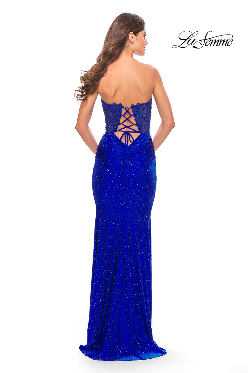 La Femme 31180 prom dress images. La Femme 31180 is available in these colors: Black, Dark Berry, Dark Emerald, Light Periwinkle, Royal Blue, Sage.