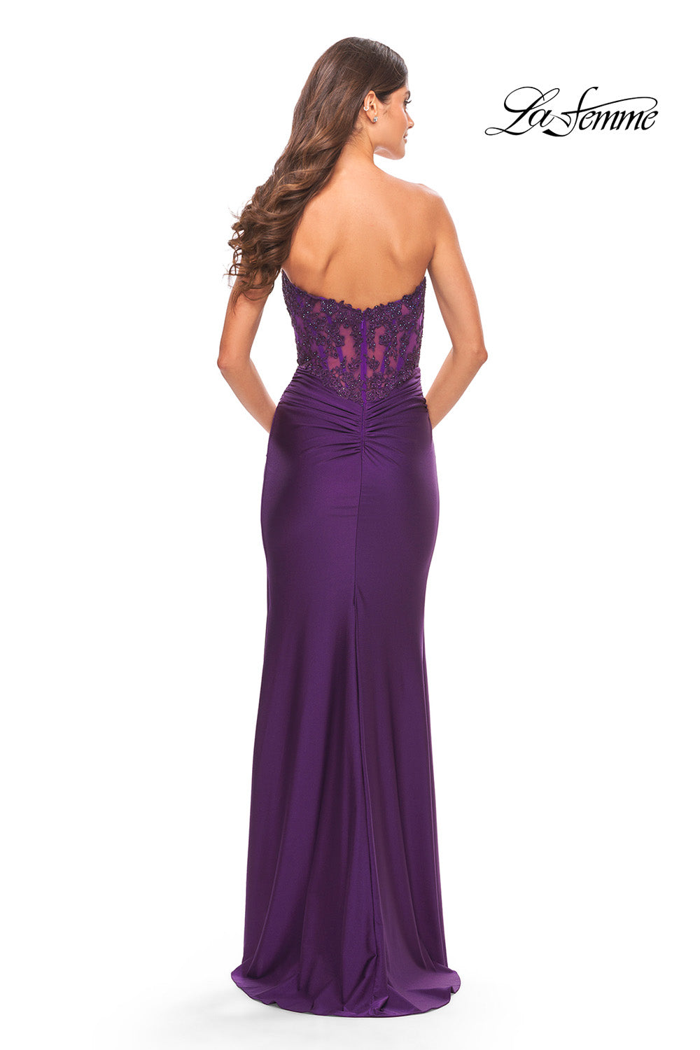 La Femme 31182 prom dress images. La Femme 31182 is available in these colors: Dark Berry, Dark Emerald, Navy, Royal Purple.