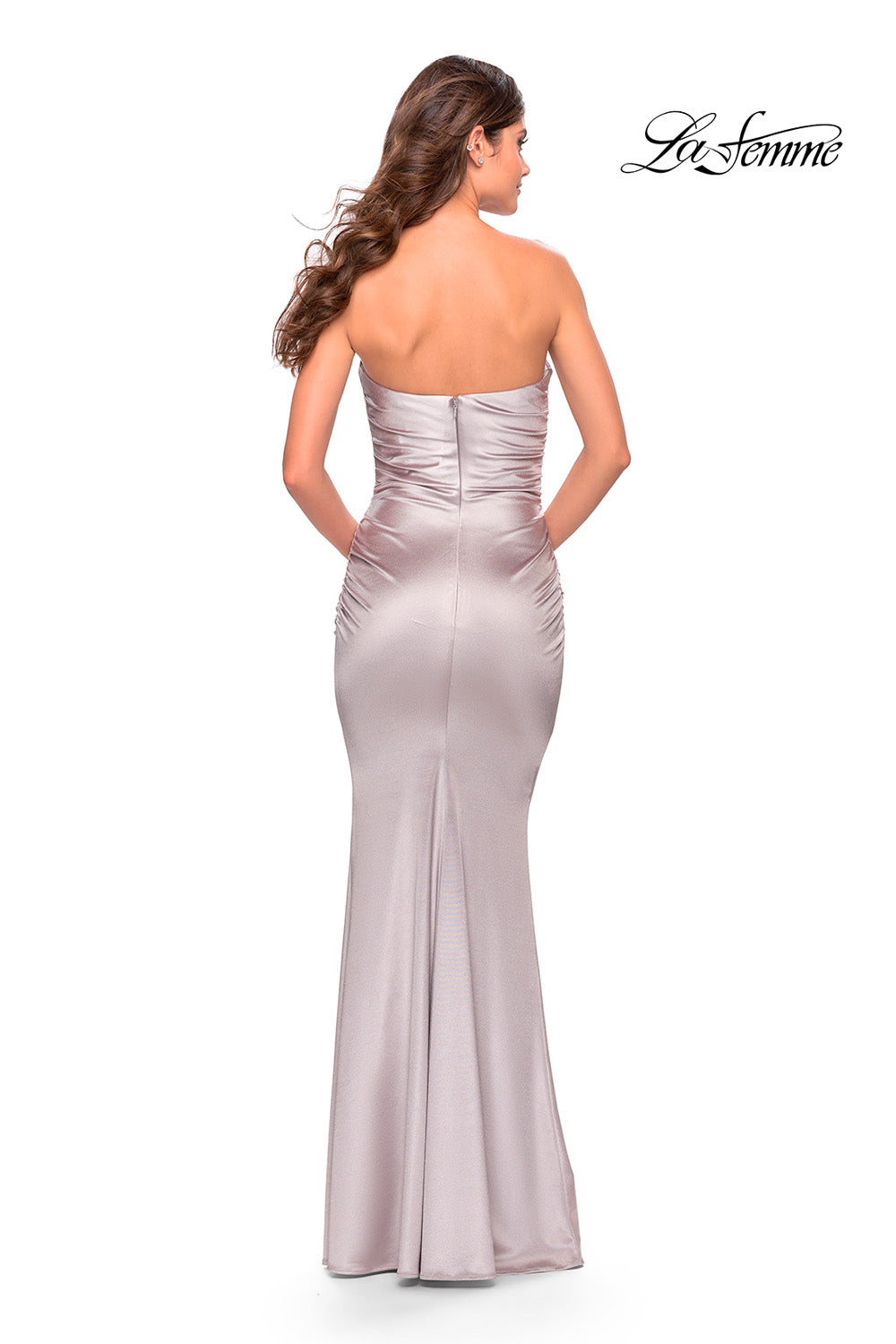 La Femme 31189 prom dress images. La Femme 31189 is available in these colors: Champagne, Dark Emerald, Deep Red, Mauve, Navy, Royal Blue, Silver, White.