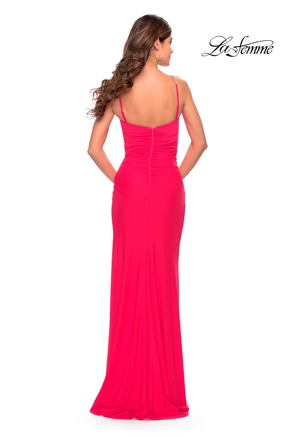 La Femme 31224 prom dress images. La Femme 31224 is available in these colors: Hot Coral.