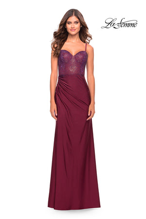 La Femme 31244 prom dress images.  La Femme 31244 is available in these colors: Dark Berry, Emerald, Navy.