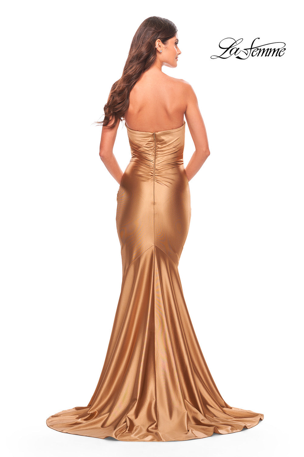 La Femme 31322 prom dress images. La Femme 31322 is available in these colors: Bronze, Dark Emerald, Navy, Silver.