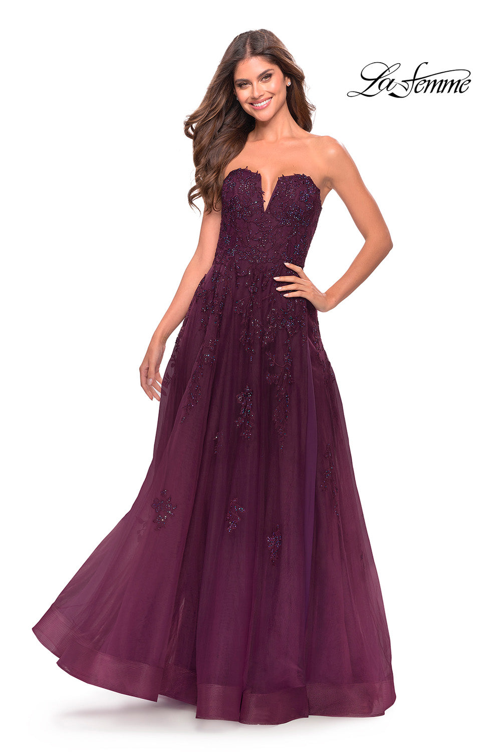 La Femme 31345 prom dress images. La Femme 31345 is available in these colors: Dark Berry, Dark Emerald.
