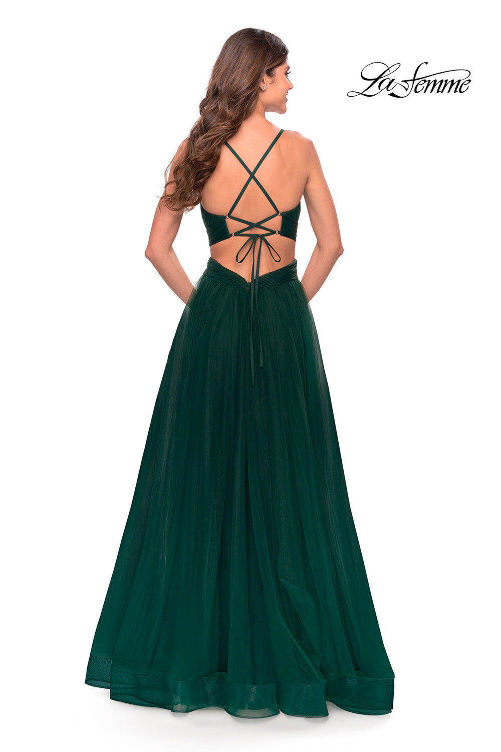 La Femme 31347 prom dress images. La Femme 31347 is available in these colors: Dark Emerald, Red, Royal Blue.