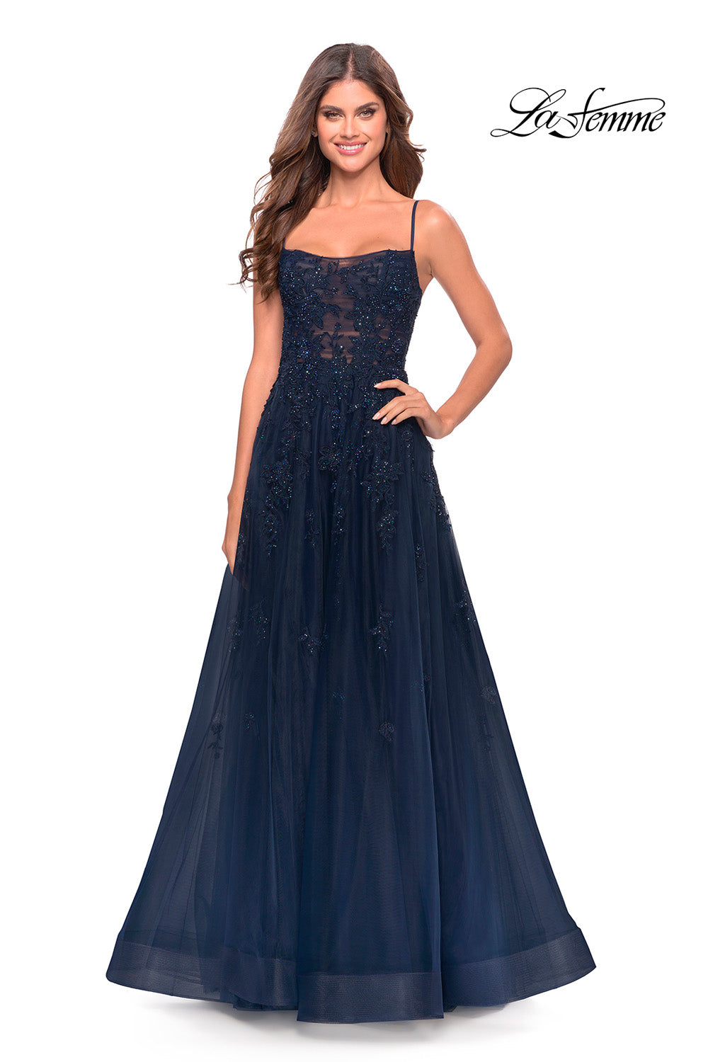 La Femme 31381 prom dress images. La Femme 31381 is available in these colors: Navy, Red.