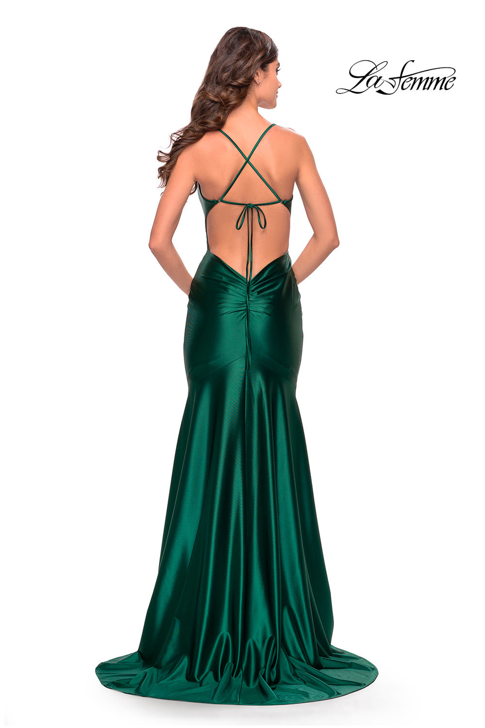 La Femme 31397 prom dress images. La Femme 31397 is available in these colors: Bronze, Dark Emerald, Deep Red, Royal Blue.