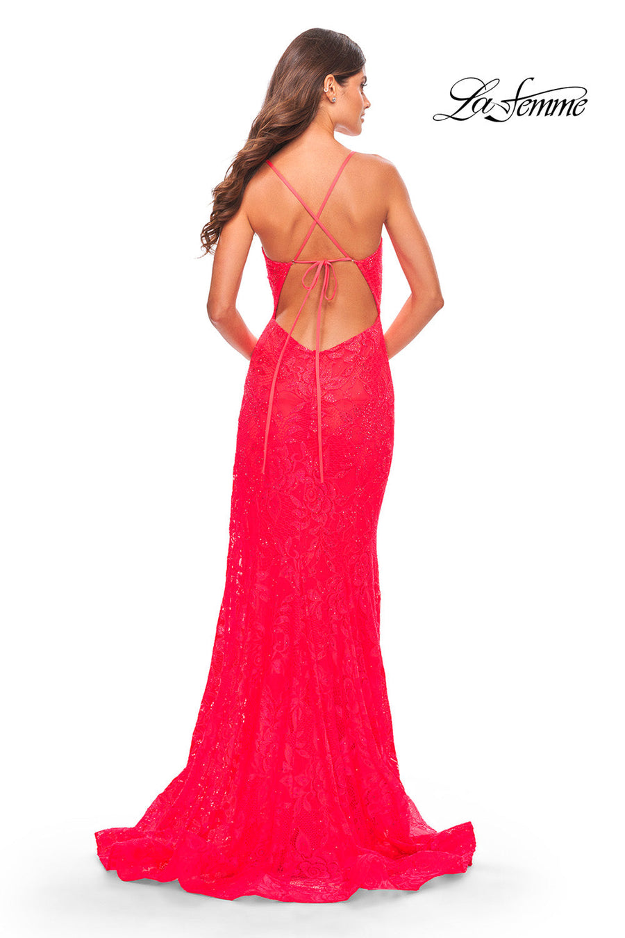La Femme 31404 prom dress images.  La Femme 31404 is available in these colors: Hot Coral, Light Periwinkle, Neon Pink.