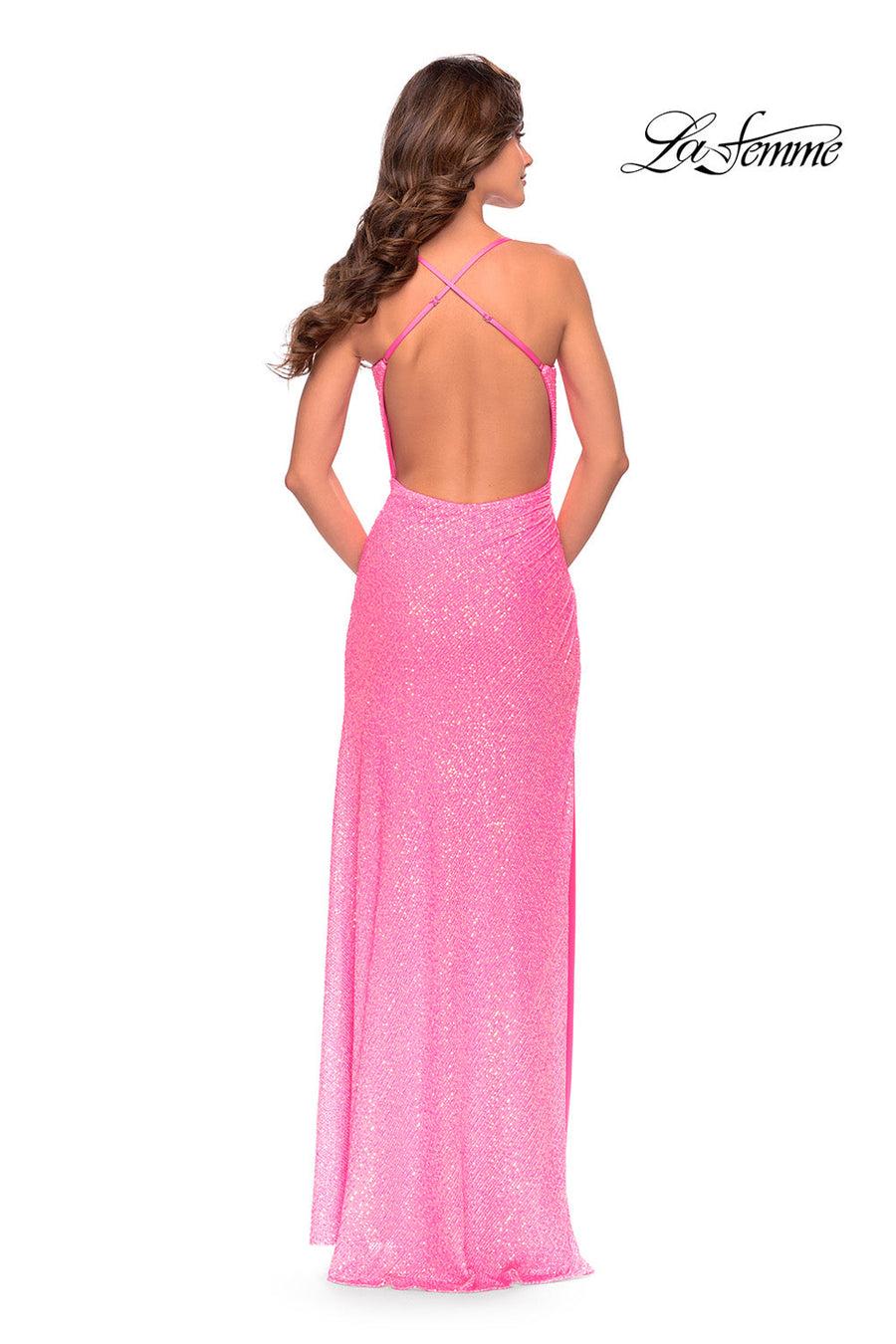 La Femme 31405 prom dress images.  La Femme 31405 is available in these colors: Hot Coral, Light Periwinkle, Neon Pink, Orange.