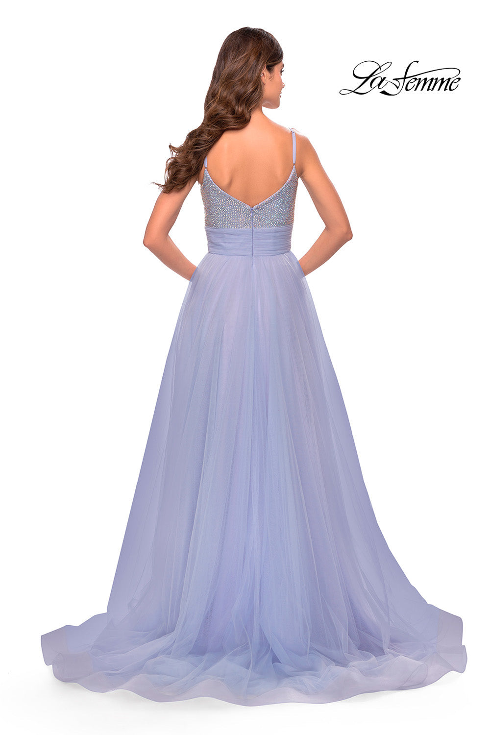 La Femme 31433 prom dress images. La Femme 31433 is available in these colors: Light Periwinkle, Neon Pink.