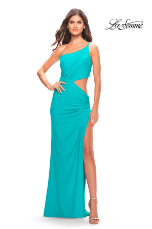 La Femme 31443 prom dress images.  La Femme 31443 is available in these colors: Aqua, Hot Coral, Neon Pink.