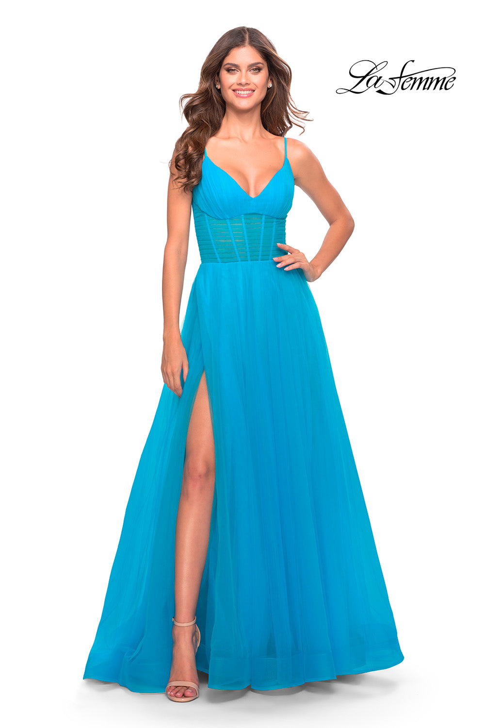 La Femme 31502 prom dress images. La Femme 31502 is available in these colors: Aqua, Light Periwinkle, Sage.