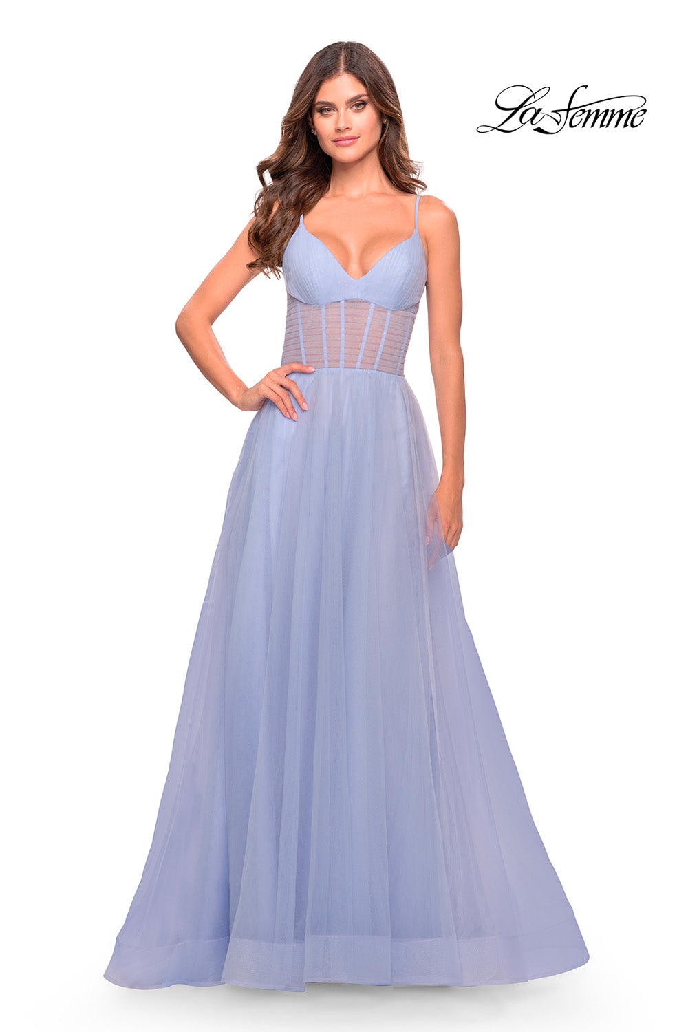 La Femme 31502 prom dress images. La Femme 31502 is available in these colors: Aqua, Light Periwinkle, Sage.