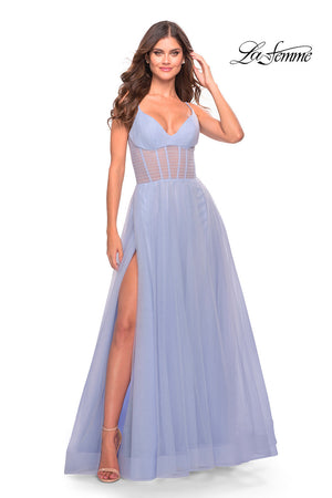 La Femme 31502 prom dress images.  La Femme 31502 is available in these colors: Aqua, Light Periwinkle, Sage.