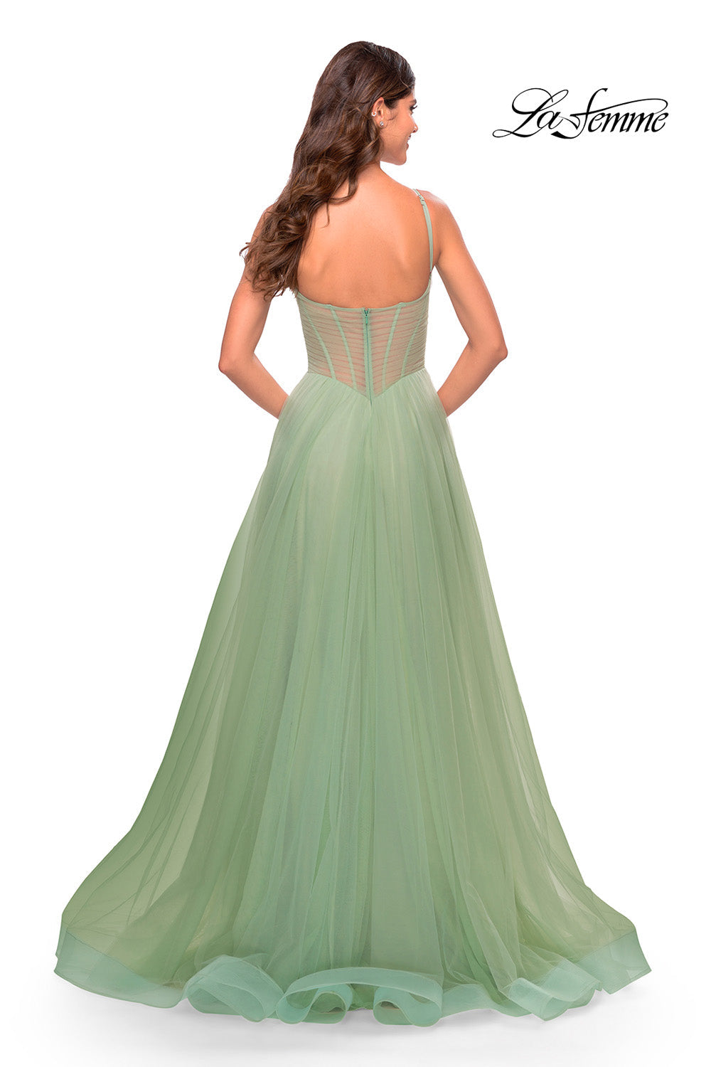La Femme 31502 prom dress images. La Femme 31502 is available in these colors: Aqua, Light Periwinkle, Sage.