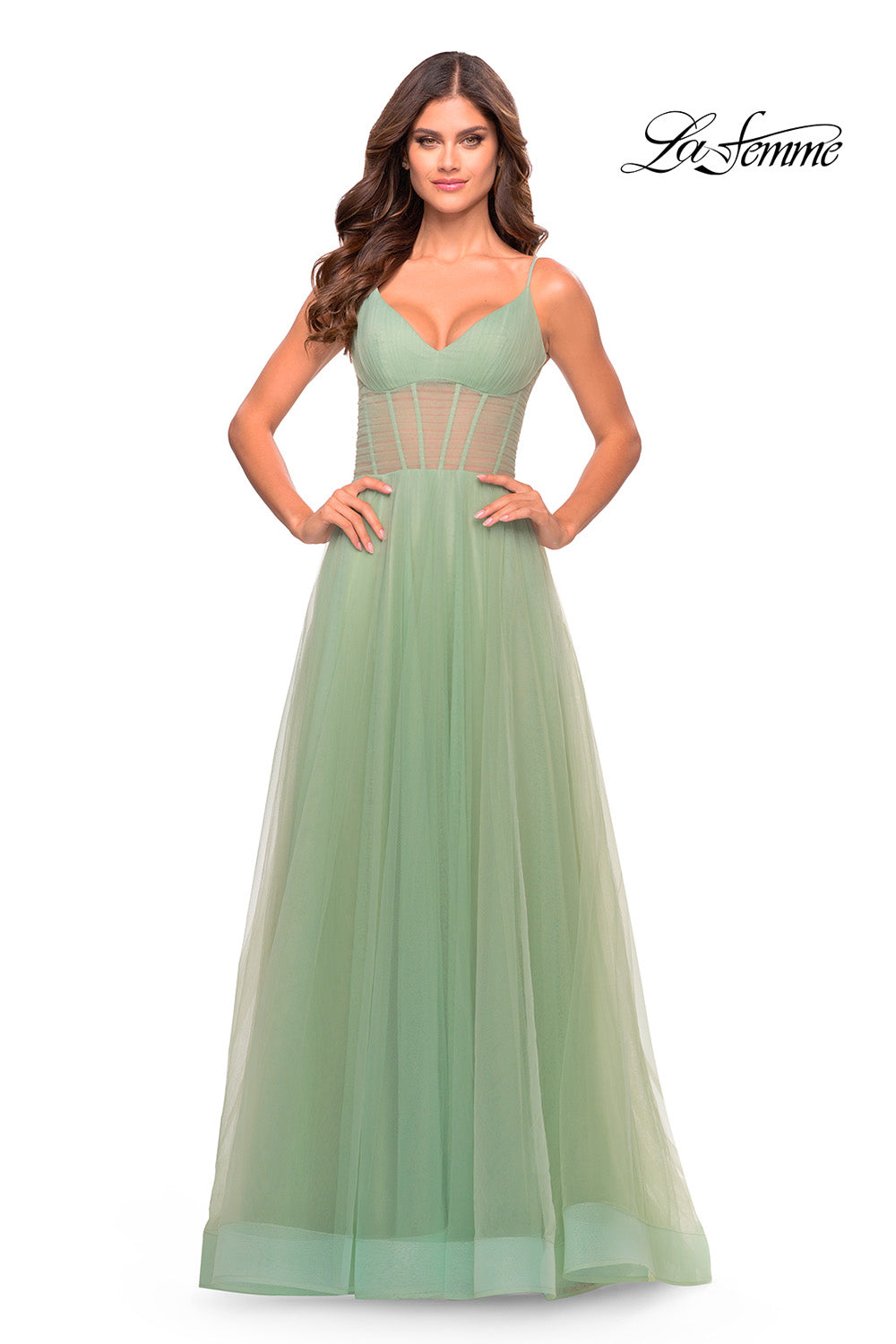 La Femme 31502 prom dress images. La Femme 31502 is available in these colors: Aqua, Light Periwinkle, Sage.