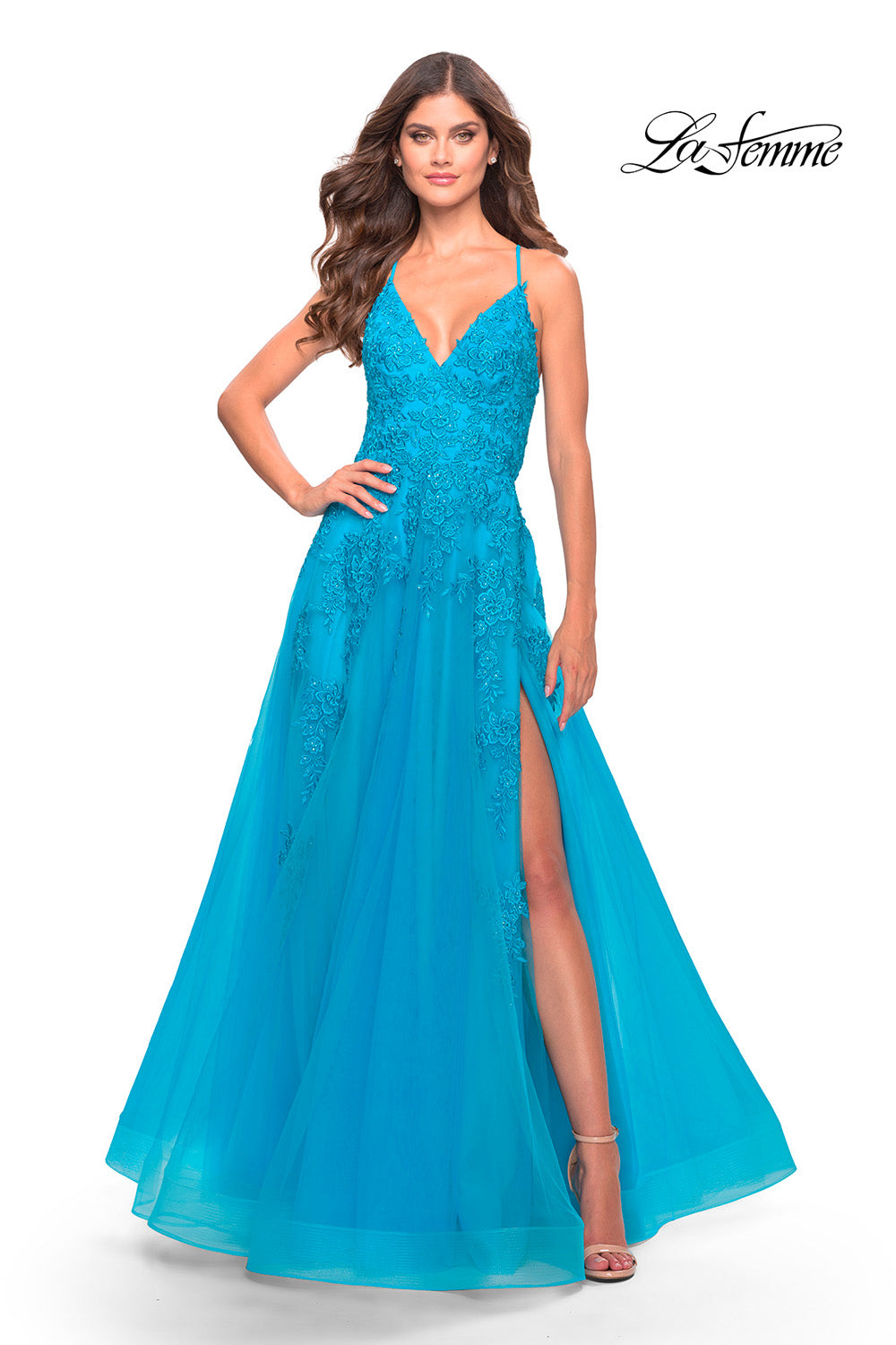 La Femme 31503 prom dress images. La Femme 31503 is available in these colors: Aqua, Light Periwinkle, Sage.