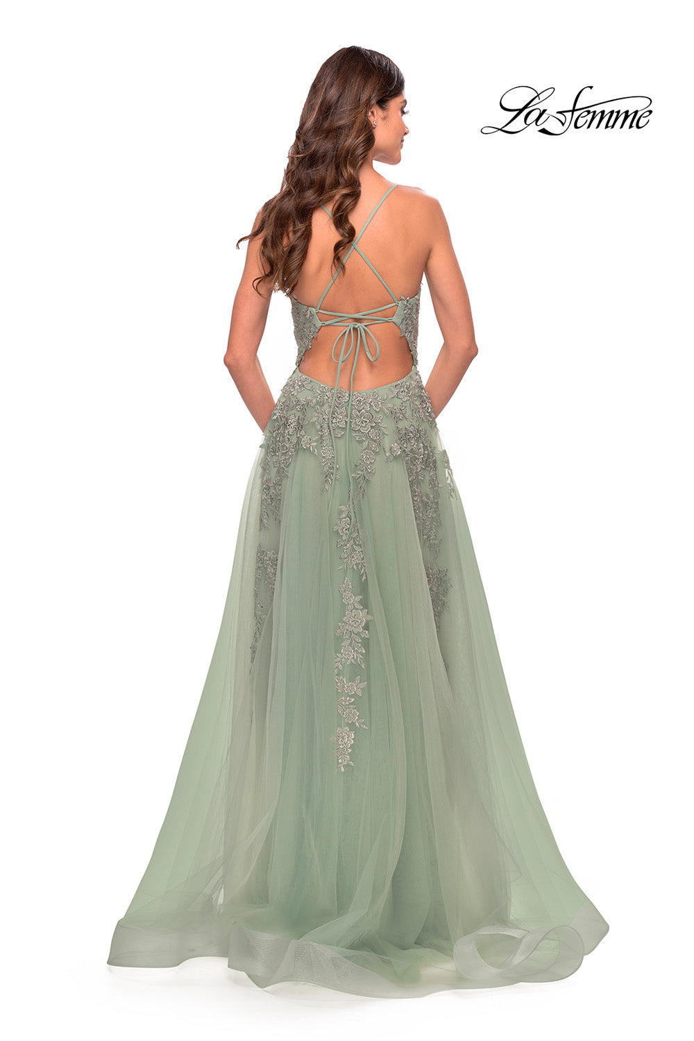 La Femme 31503 prom dress images. La Femme 31503 is available in these colors: Aqua, Light Periwinkle, Sage.