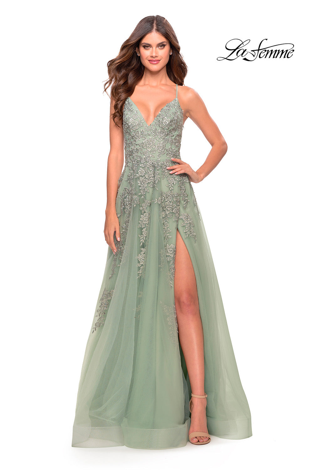 La Femme 31503 prom dress images. La Femme 31503 is available in these colors: Aqua, Light Periwinkle, Sage.