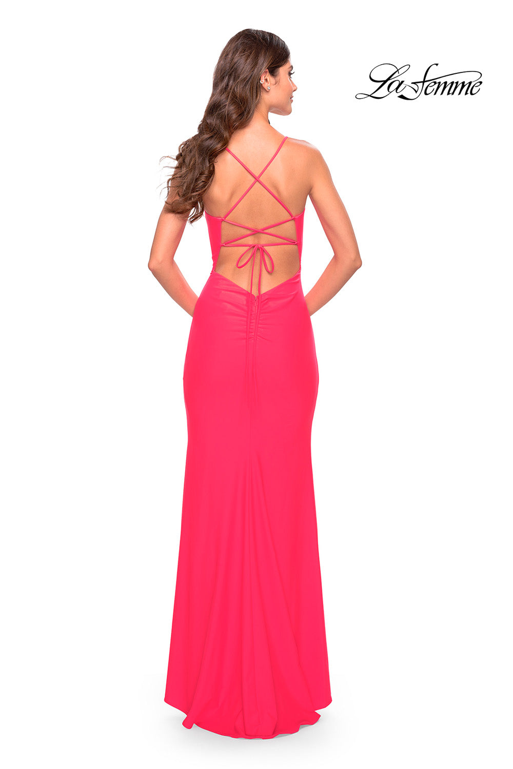 La Femme 31504 prom dress images. La Femme 31504 is available in these colors: Hot Coral.