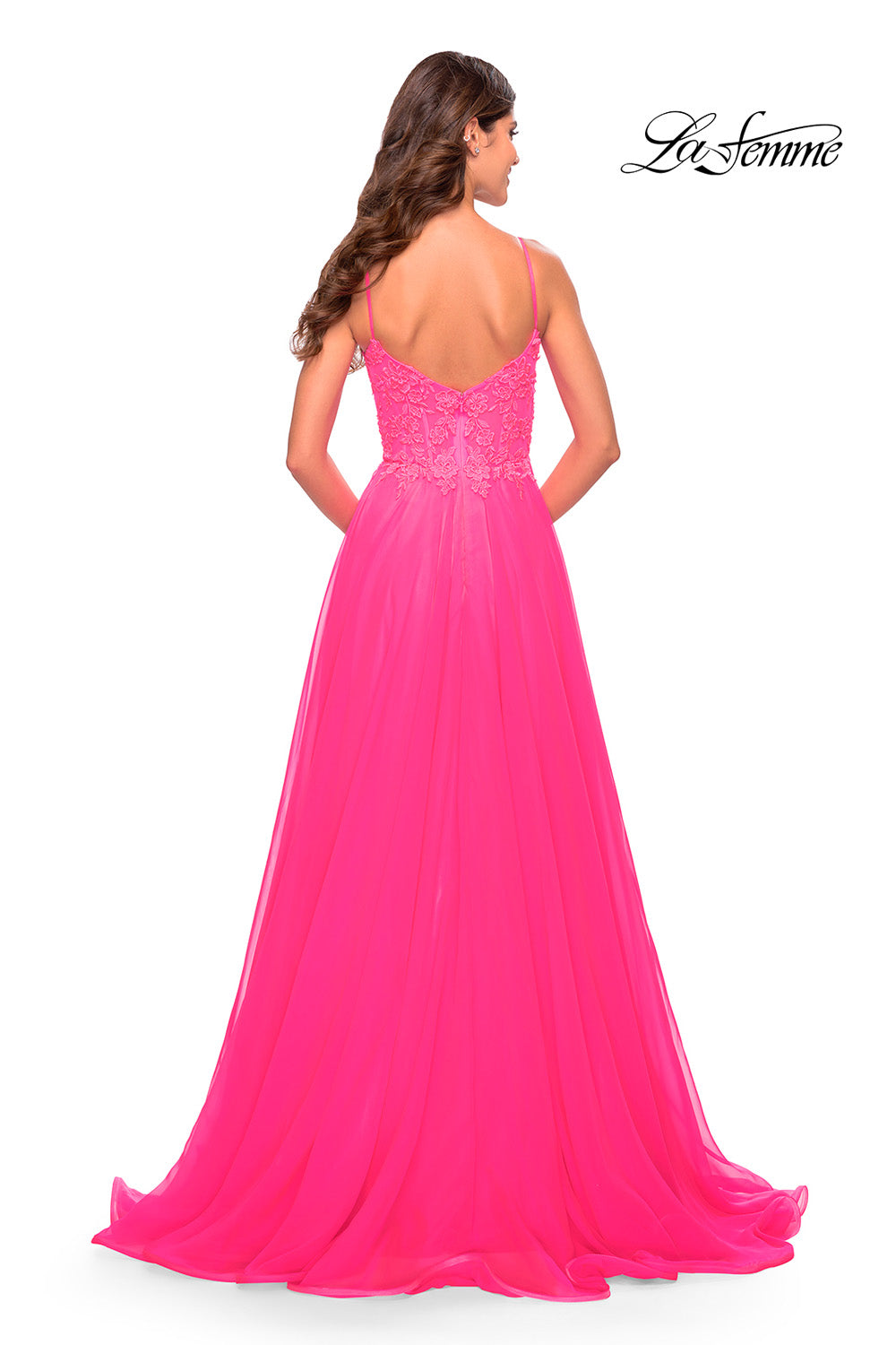 La Femme 31506 prom dress images. La Femme 31506 is available in these colors: Neon Pink.