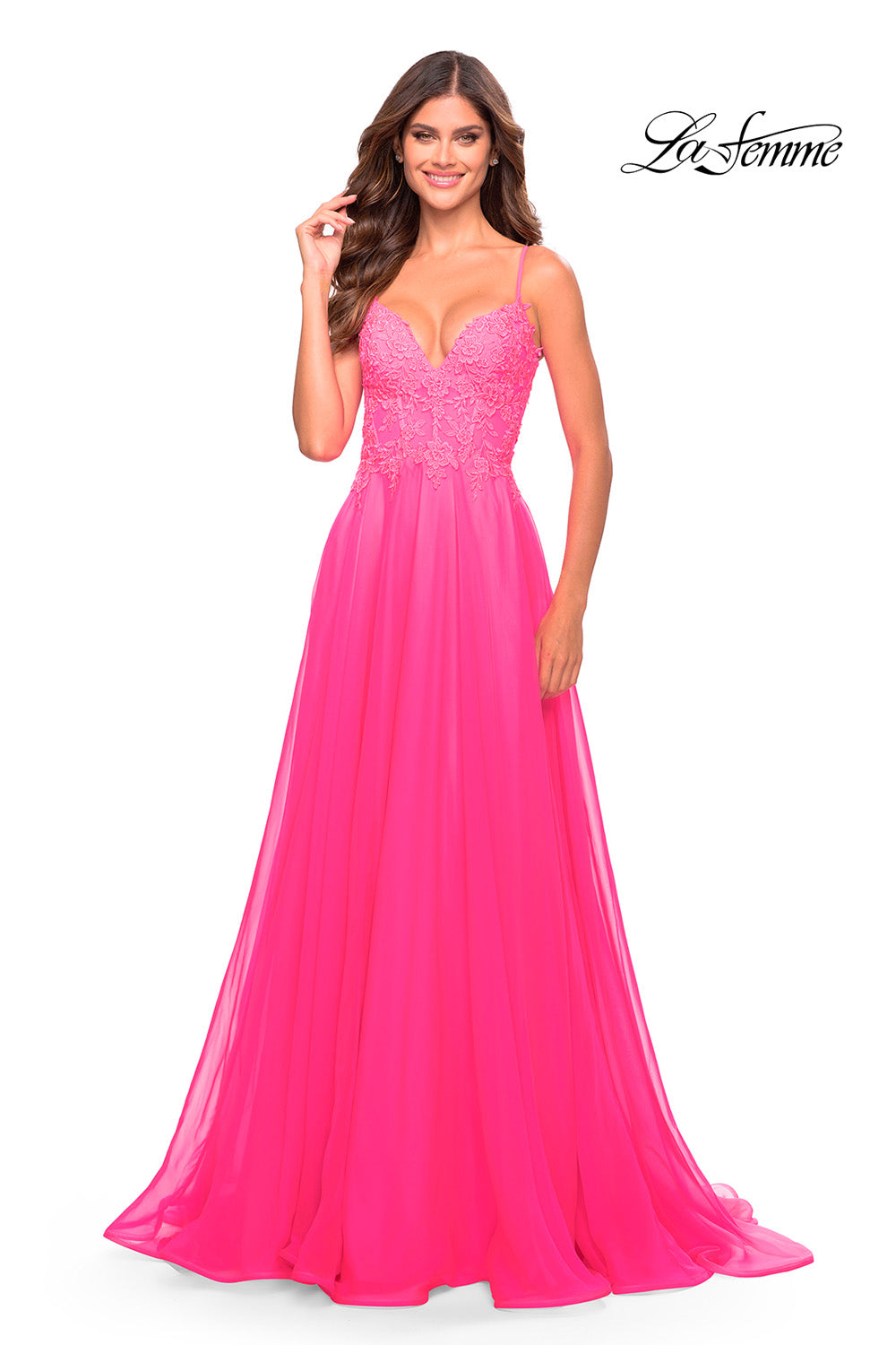 La Femme 31506 prom dress images. La Femme 31506 is available in these colors: Neon Pink.