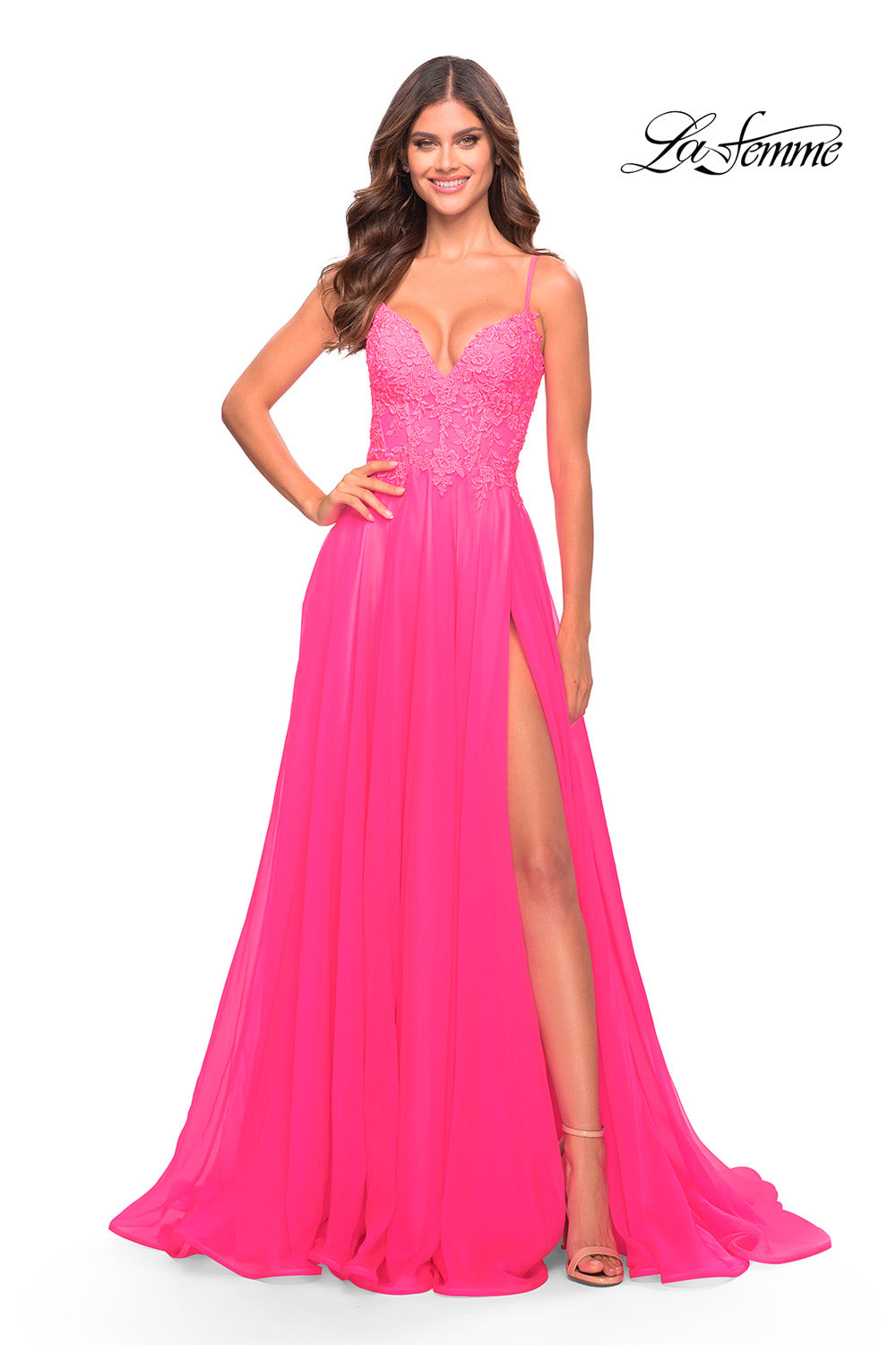 La Femme 31506 prom dress images. La Femme 31506 is available in these colors: Neon Pink.